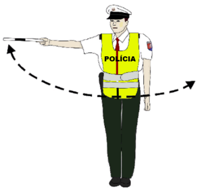 Ak policajt pri riadení cestnej premávky dáva pokyn vodorovným kývaním ruky cez stred tela, znamená to