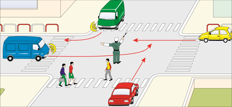 Ak má policajt pravú ruku predpaženú a ľavú upaženú, znamená to „Stoj!" pre